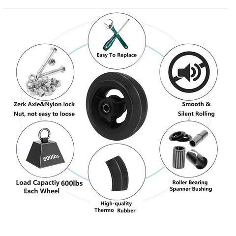 Heavy Duty 6 Inch Rubber On Cast Iron Caster Wheels With 600 Lbs Per Wheel For Carts Furniture And Workbenches, central wheel with features
