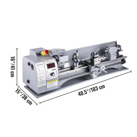 Compact Mini Metal Lathe Machine Delivering Smooth 2500 RPM Variable Speed Rotation Powered By A Kickass 750W Brushless Motor For Any Weekend Warrior Builder on a workshop table.