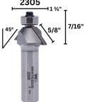 45 Degree Chamfer Router Bit Carbide Tipped Bevel Edge Five Eighths Inch Cutting Length One Half Inch Shank One And Three Eighths Inch Large Diameter For Use With One Half Inch Collets Woodworking Pro Grade, side view showing dimensions.