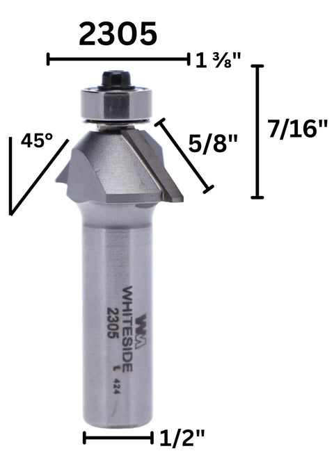 45 Degree Chamfer Router Bit Carbide Tipped Bevel Edge Five Eighths Inch Cutting Length One Half Inch Shank One And Three Eighths Inch Large Diameter For Use With One Half Inch Collets Woodworking Pro Grade, side view showing dimensions.