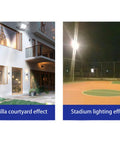 JUDYSSY Solar Remote Control Reflector Led Street Lamp,25W showcased in villa courtyard and stadium lighting effects.