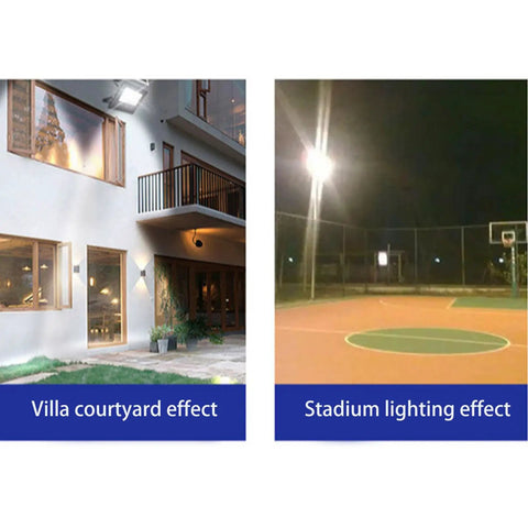 JUDYSSY Solar Remote Control Reflector Led Street Lamp,25W showcased in villa courtyard and stadium lighting effects.
