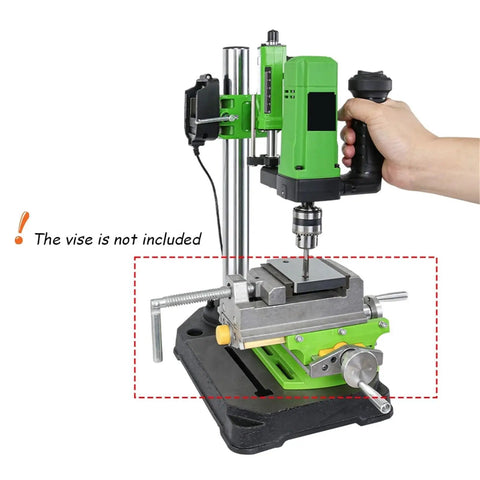 Versatile Vertical Drill Press With Tapping Capabilities Electric Tapper Tool in use, vise not included, green machine detail view
