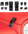 Heavy Duty Aluminum Hood Latch Kit With Locking Hood Catch For Jeep Wrangler JK JL Gladiator JT 2007-2025 displayed on red hood