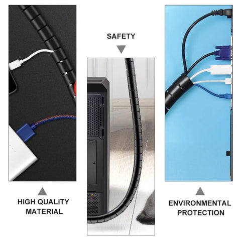 Black Spiral Cable Organizer Sleeve That Keeps Chewers Away, Coiled Wire Wrap For Pet Protection in three views.