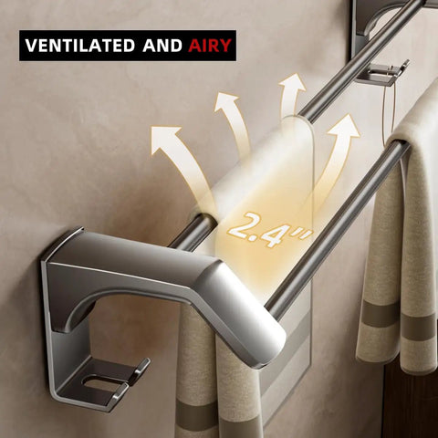27.5 Inch Double Towel Bar For Bathroom Wall Mount With Four Fixed Hooks, ventilated gunmetal towel rack, side view