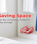 Portable Fire Ladder For 3 Story Emergency Escape 25 Foot Aluminum Ladder With Wide Steps Quick Deploy Tangle Free Mechanism V Center Support And High Load Capacity For Safe Home Evacuation folded red aluminum ladder on shelf in closet