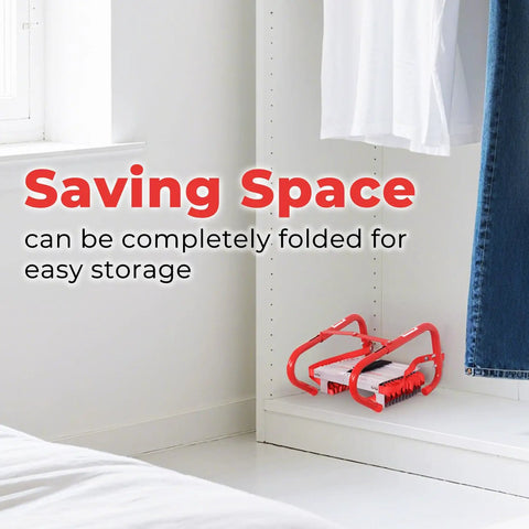 Portable Fire Ladder For 3 Story Emergency Escape 25 Foot Aluminum Ladder With Wide Steps Quick Deploy Tangle Free Mechanism V Center Support And High Load Capacity For Safe Home Evacuation folded red aluminum ladder on shelf in closet