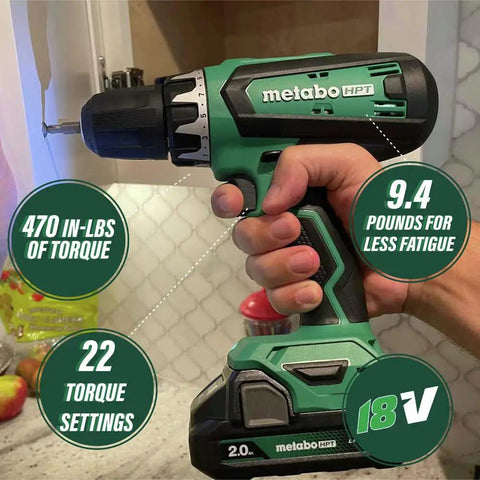 Go-To 18V Cordless Drill Driver Kit With 1/2-Inch Keyless Chuck in hand, showing torque setting and weight labels