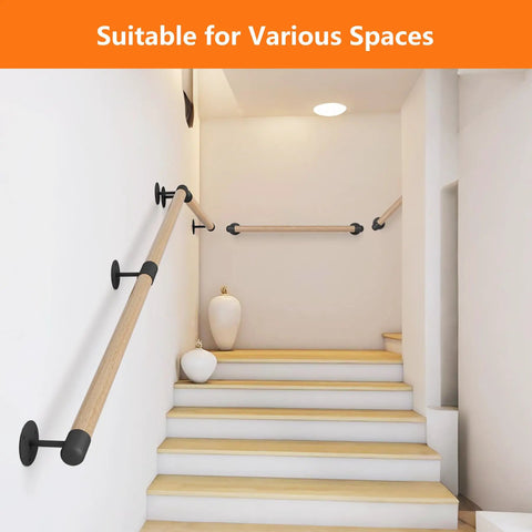 Heavy Duty 12 Foot Round Wooden Stair Handrail Wall Mount with Ironclad Grip installed on indoor staircase.
