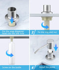 Installation steps for Built In Kitchen Sink Soap Dispenser And Lotion Dispenser In Brushed Nickel with 17 oz bottle.