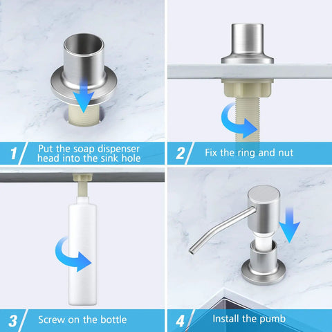 Installation steps for Built In Kitchen Sink Soap Dispenser And Lotion Dispenser In Brushed Nickel with 17 oz bottle.