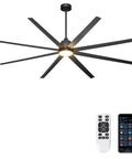 No Sweat 96 Inch Industrial Ceiling Fan With Bright LED Lights And 15000 Cfm Airflow Absolute Beast In Garage Warehouse Shop Or Barn Heavy Duty Rig With Safety Cables And Smart Switch Controls, featuring 8 blades and remote.