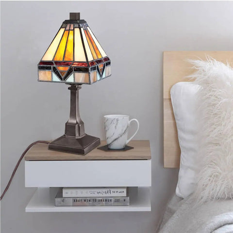 Nouveau Tiffany Style Mini Table Lamp With Real Stained Glass 84 Glass Cuts Multicolor Moroccan Amber Glow on bedside table