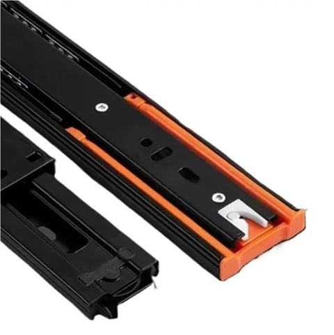 Close-up of Three Section Buffer Drawer Slides For Cabinets With Smooth Glide And Soft Close In Black Bronze Finish.