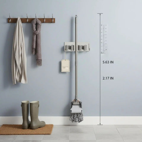 Space Saving Mop And Broom Holder Organizer In Gray For Cleaning Tools Wall Mount Vertical Stainless Steel Utility Rack