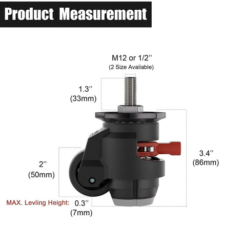 Product measurement image of Built Tough Adjustable Leveling Casters Set Of Four With Two Inch Retractable Swivel Wheels for stability.