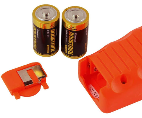Elitech CPU-1G HVAC leak detector handheld orange unit with two AA alkaline batteries beside it