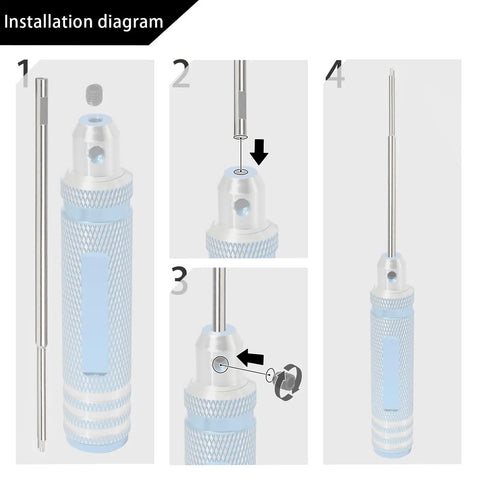 Installation diagram for 1.5mm Hex Screwdriver Bit Set 4 Piece Precision Pro Grade Anti Stripping Allen Key Bits, showing assembly steps.
