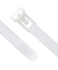 Twelve Inch Natural Releasable Cable Ties Reusable Nylon Zip Ties With Gnarly Tight Fifty Pound Hold In A Dope Hundred Pack close up of flexible white ties