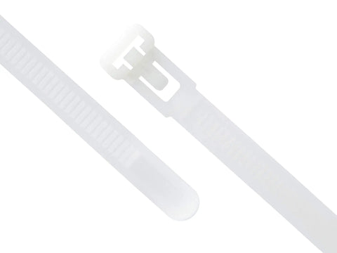 Twelve Inch Natural Releasable Cable Ties Reusable Nylon Zip Ties With Gnarly Tight Fifty Pound Hold In A Dope Hundred Pack close up of flexible white ties