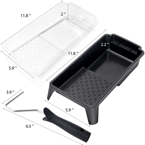 Disposable 4 Inch Paint Tray Liners Set With Plastic Tray And Roller Frame, 22 Pack, showing tray, liners, and roller handle.