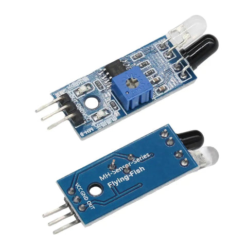 Infrared Obstacle Avoidance Module With Dual Tube Photoreflective Sensors And Adjustable Detection Range From Two To Thirty Centimeters Arduino Compatible Plug And Play For DIY Robots And Smart Projects, showing front and back view.