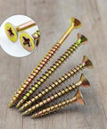 Beefy Heavy Duty Self Tapping Wood Screws 3 Inch Size 10 Flat Head Phillips 100 Piece Kit Galvanized Carbon Steel Brass Finish Deck And Wood Panel Screws For Quick Durable Woodwork, gold screws on wood