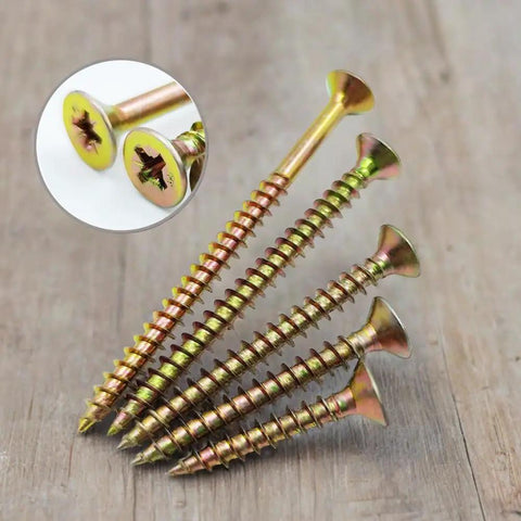 Beefy Heavy Duty Self Tapping Wood Screws 3 Inch Size 10 Flat Head Phillips 100 Piece Kit Galvanized Carbon Steel Brass Finish Deck And Wood Panel Screws For Quick Durable Woodwork, gold screws on wood