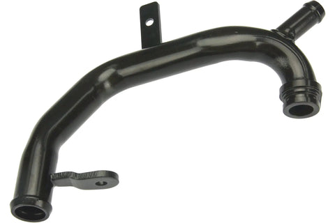 Straight Up Heavy Duty Coolant Pipe Upgrades Crack Prone Plastic To Rock Solid Aircraft Aluminum Replaces Water Pump Line For Transmission Cooler Direct Drop In Fit Black Finish, black aluminum coolant pipe shown from the side.