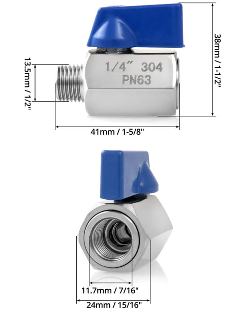 QWORK mini ball valve, blue lever, 304 stainless steel