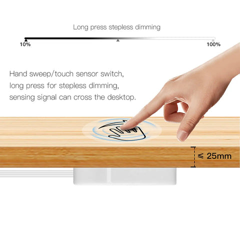 Wood Panel Penetrating Touch Sensor LED Dimmer Switch With Hand Sweep Control 12V-24V 60W, demonstrating hidden installation under wood