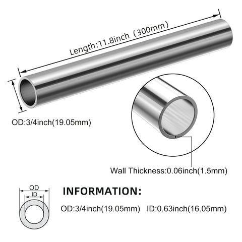 Side view: 2pcs KWOKWEI stainless steel round tubing, 300mm long, 3/4 in OD, 1.5 mm wall, seamless
