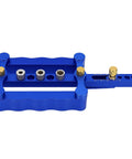 Rock Solid Self Centering Doweling Jig 6 Piece Aluminum Alloy Drill Bit Locator in blue, designed for precise woodworking and cabinet assembly.