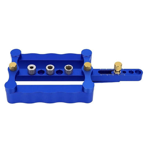 Rock Solid Self Centering Doweling Jig 6 Piece Aluminum Alloy Drill Bit Locator in blue, designed for precise woodworking and cabinet assembly.