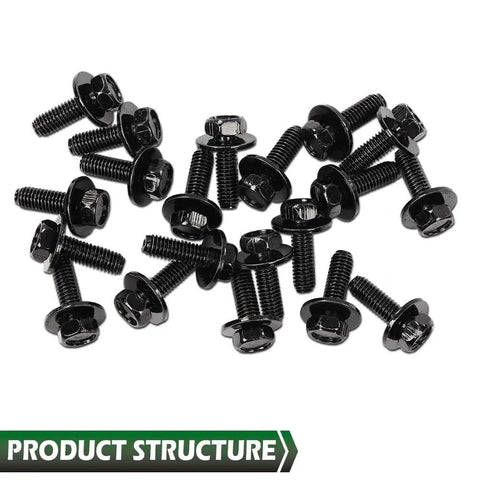 20 Pcs M6 Stainless Steel Hex Head Car Body Bolts Set For Honda And GM Models 1.0 X 20mm 10mm Hex 17mm Washers Black Finish