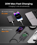 Magnetic Portable Charger With 10,000mAh Ultra Slim 0.5-Inch Design showing wireless and wired charging options