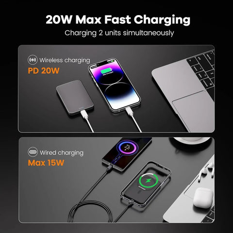 Magnetic Portable Charger With 10,000mAh Ultra Slim 0.5-Inch Design showing wireless and wired charging options