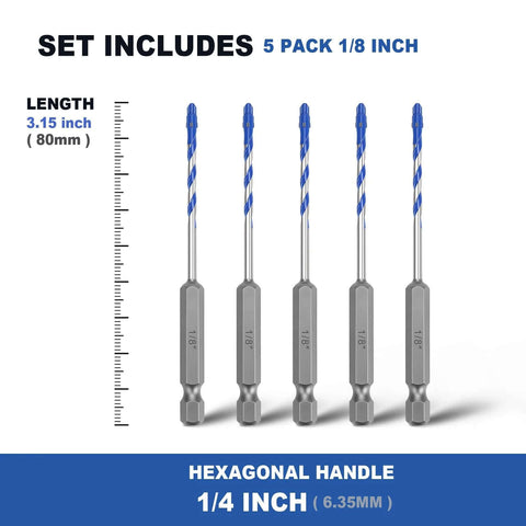Front view: five 1/8-inch masonry tile drill bits with hex shanks, blue-coated, 3.15 in length (Amazon)