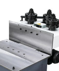 Close-up of Tough Three Roll Hydraulic Metal Bender That Knocks Out Flat Stock And Square Tubes Without A Sweat showing rollers and control panel.