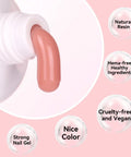 HEMA Free 50ml Nude Nail Gel For Extensions And 3D Molding shown in nude color with packaging details and benefits