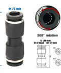 Push To Connect Pneumatic Fittings 1/2 Inch Quick Connector Union Straight 1/2 Inch Tube OD Durable PBT Plastic With Measurements