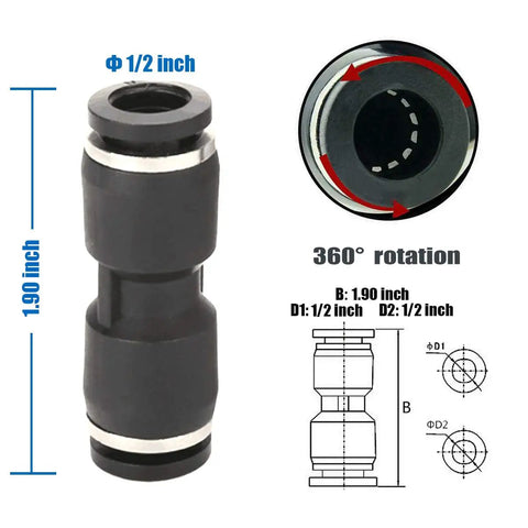 Push To Connect Pneumatic Fittings 1/2 Inch Quick Connector Union Straight 1/2 Inch Tube OD Durable PBT Plastic With Measurements