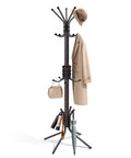 Three Tier Freestanding Coat Rack With Fifteen Hooks, Hall Tree And Hat Rack, brown finish, holding coat, hat, bag, umbrella.