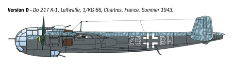 Side view of Dornier Do 217 K1 K2 Bomber Model Kit With Fritz X Guided Bombs 1 72 Scale Unpainted Plastic Assembly