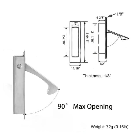 Heavy Duty Satin Nickel Pocket Door Handles Featuring Flush Edge Pull Design With Self Retracting Glide For No Sweat Indoor Outdoor Install Plus Tough As Nails 304 Stainless Steel Construction And Sleek Vibe dimensions and side view illustration