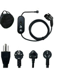 Hassle Free Portable Ev Charger With Type One And Type Two Plugs, heavy duty IP67 cable, includes various plug adapters.
