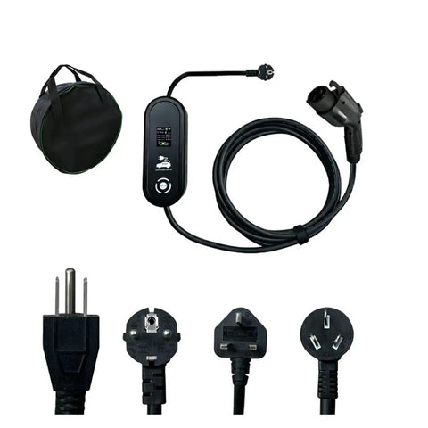 Hassle Free Portable Ev Charger With Type One And Type Two Plugs, heavy duty IP67 cable, includes various plug adapters.
