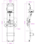 Technical diagram of RC Carbon Fiber LCG Chassis Kit for 1/10 Scale Crawlers with measurements, front and side views illustrated.