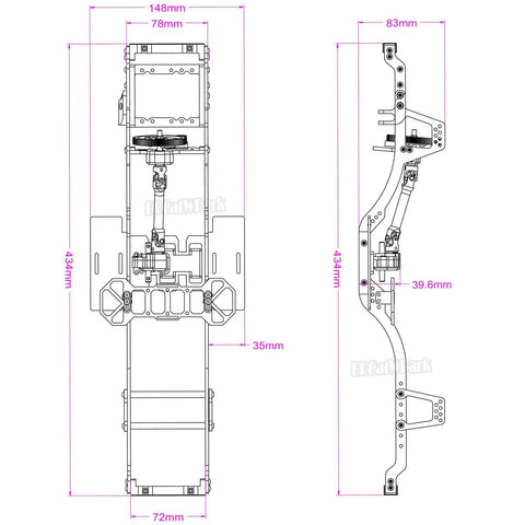 Technical diagram of RC Carbon Fiber LCG Chassis Kit for 1/10 Scale Crawlers with measurements, front and side views illustrated.
